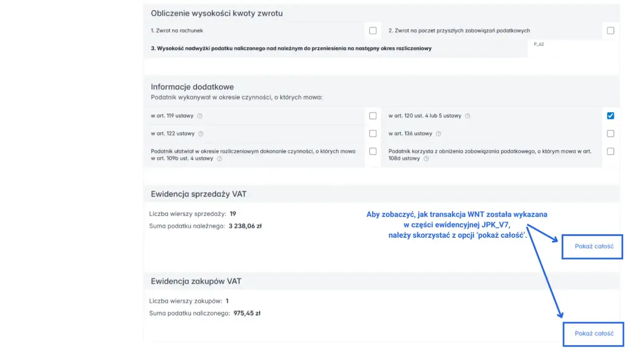 Widok formularza z informacją o transakcji WNT, która stanowi obowiązek podatkowy. Podkreślono opcję