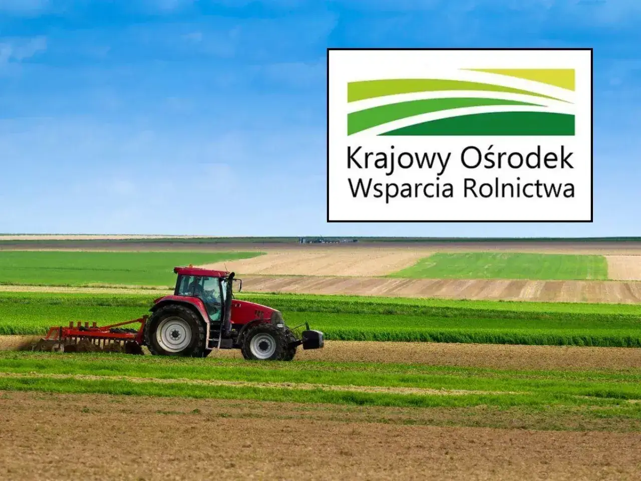 Czerwony traktor pracuje na polu. Logo Krajowego Ośrodka Wsparcia Rolnictwa. Nabyte w spadku grunty rolne nie oddawaj.