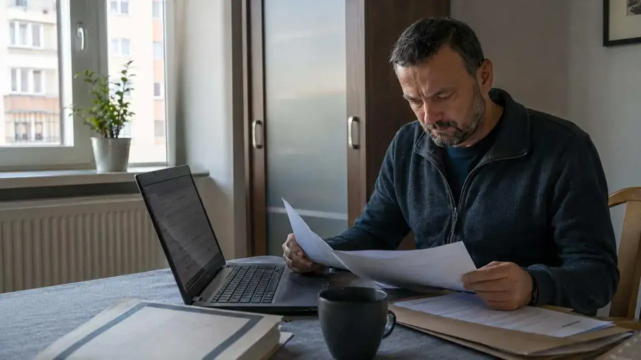 Mężczyzna pochyla się nad dokumentami, analizując je przy laptopie. Może to być związane z art. 106 kk, gdzie ważna jest dokładna interpretacja przepisów.