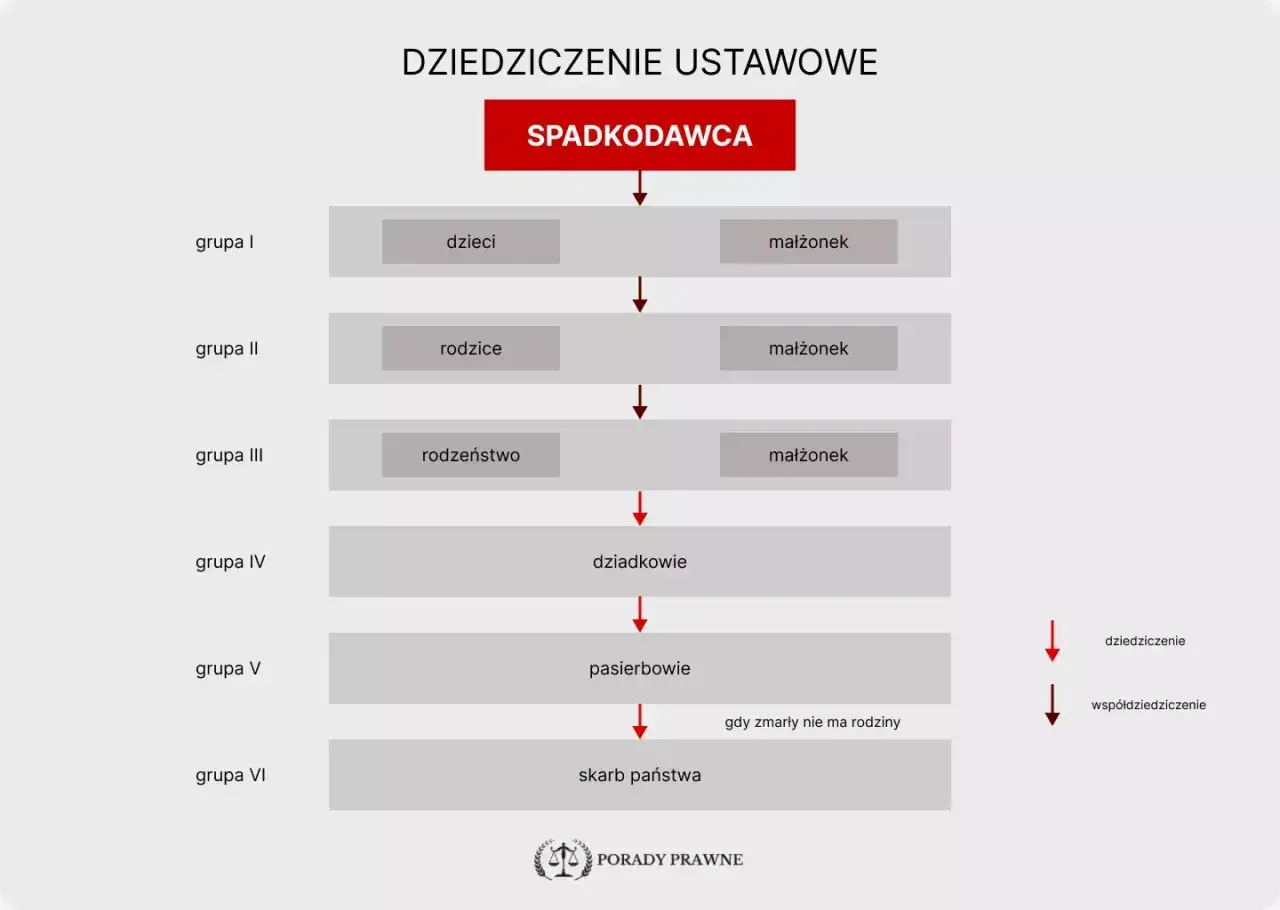 Schemat dziedziczenia spadku: od dzieci i małżonka, przez rodziców i rodzeństwo, aż po dziadków, pasierbów i skarb państwa.