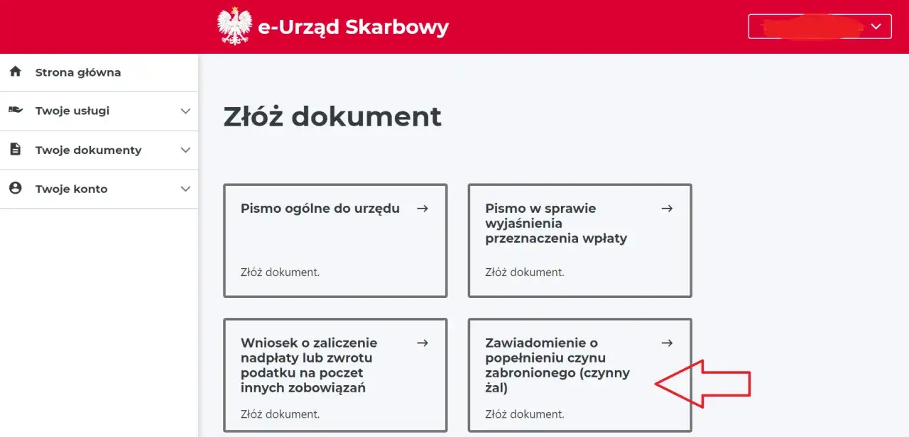 Zawiadomienie o popełnieniu czynu zabronionego (czynny żal) - wzór dokumentu do złożenia w e-Urzędzie Skarbowym.