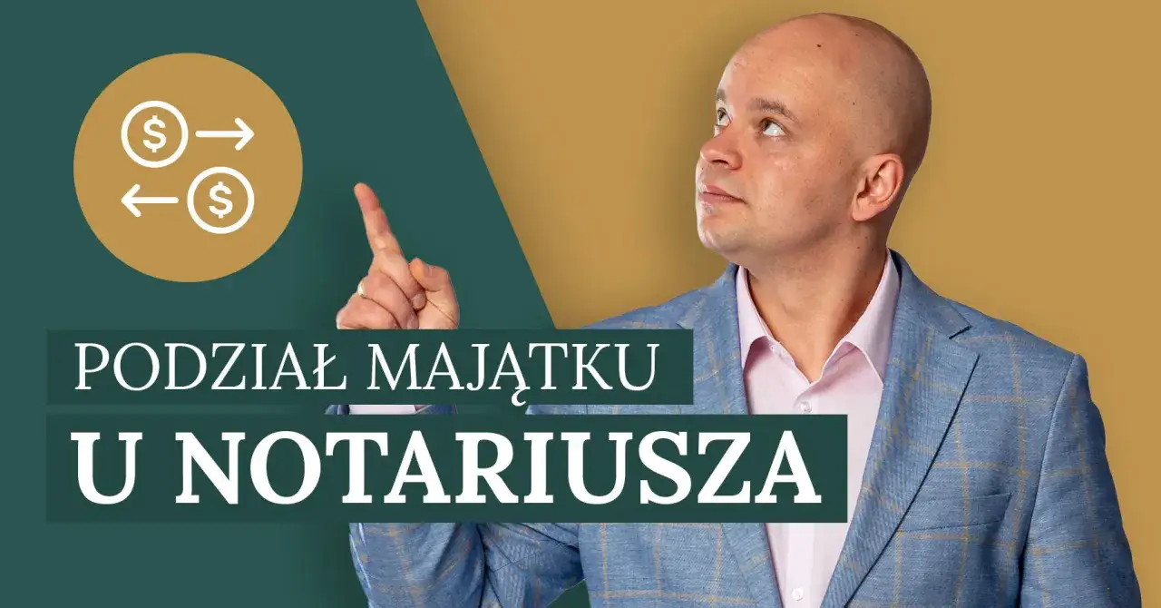 Mężczyzna w garniturze wskazuje na symbol podziału majątku. Tekst: