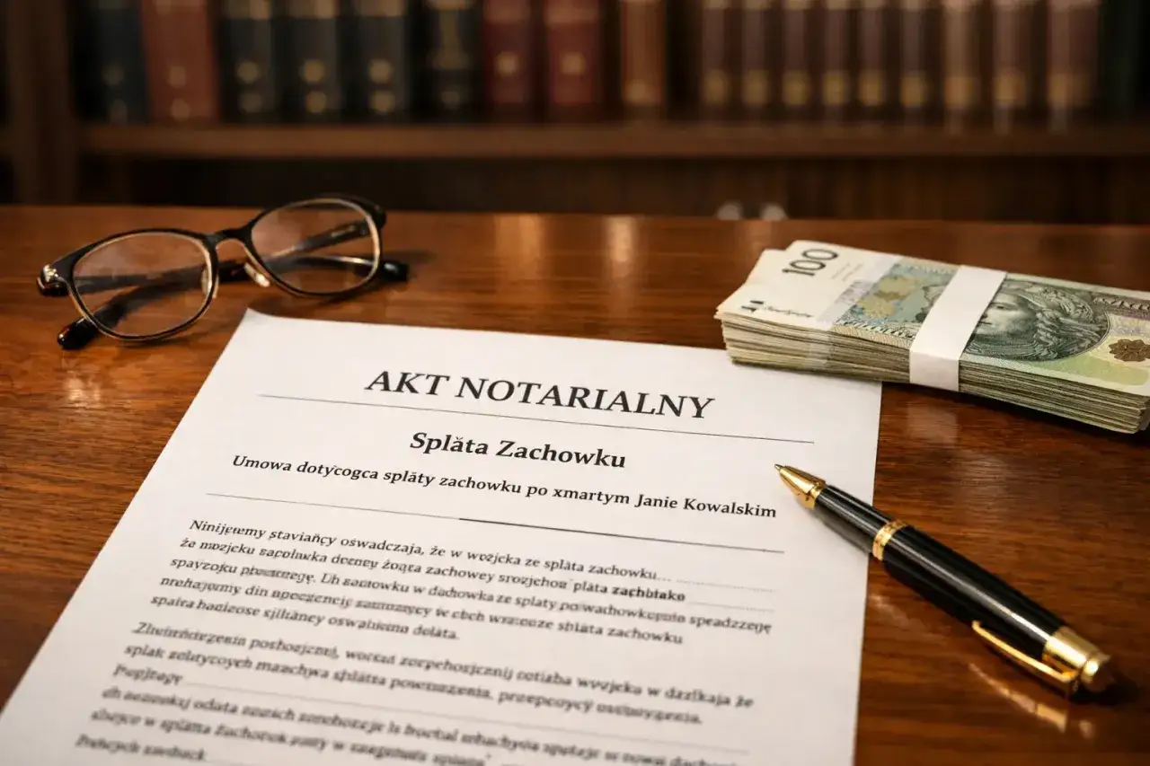 Akt notarialny dotyczący spłaty zachowku po zmarłym. Na stole dokument, pieniądze i okulary, co sugeruje notarialne przepisanie domu a spłata rodzeństwa.