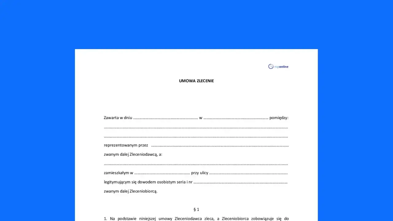Umowa zlecenia, dokument prawny dotyczący ustalenia stosunku pracy. Zawiera dane zleceniodawcy i zleceniobiorcy.