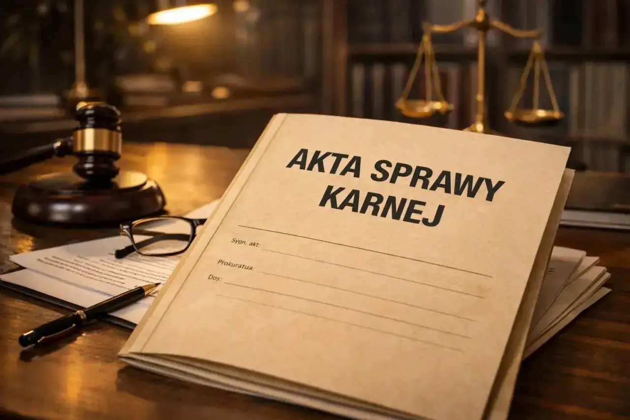 Akta sprawy karnej, młotek sędziowski, waga sprawiedliwości i okulary. To wszystko przygotowane do rozstrzygnięcia sprawy z art. 68 kk.