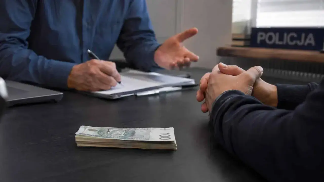 Policjant spisuje zeznania, na stole stos banknotów. Jak udowodnić kradzież pieniędzy?