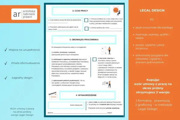 Wzór umowy o pracę na okres próbny: zawiera kluczowe dane do umowy o pracę, takie jak czas pracy, obowiązki i wynagrodzenie.