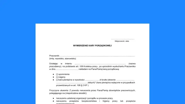 Dokument "Wymierzenie kary porządkowej" zawiera opcje nałożenia upomnienia, nagany lub kary pieniężnej.