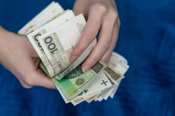Dłonie trzymają stos polskich banknotów. Kwestia współwłaściciela konta bankowego a urząd skarbowy bywa skomplikowana.