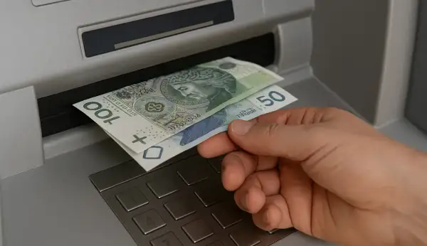Dłoń wyjmuje banknoty 100 i 50 zł z bankomatu. Czy współwłaściciel konta może wypłacić pieniądze po śmierci właściciela?
