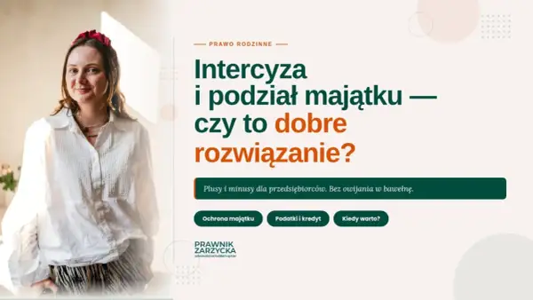 Kobieta w białej koszuli i czerwonej opasce na włosach. Grafika omawia intercyzę i podział majątku, wyjaśniając, co to jest rozdzielność majątkowa.