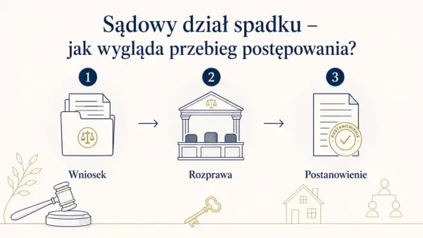 Schemat sądowego działu spadku: wniosek, rozprawa, postanowienie. Klucz do dziedziczenia i dom symbolizują nabycie spadku.