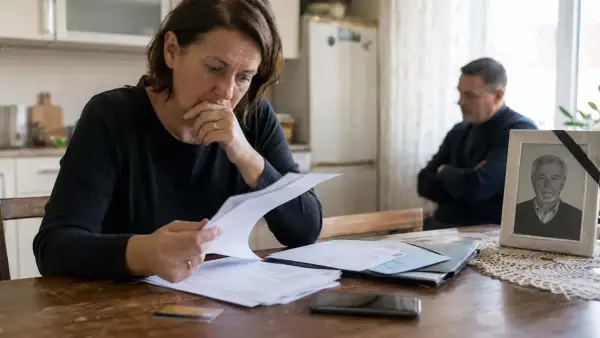 Kobieta analizuje dokumenty, szukając upoważnienia do konta po śmierci bliskiej osoby. W tle stoi mężczyzna, a na stole zdjęcie z czarną wstążką.