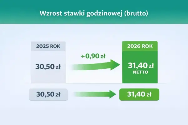 Wzrost stawki godzinowej brutto z 30,50 zł w 2025 r. do 31,40 zł w 2026 r. Pokazuje to umowa zlecenie stawka godzinowa.