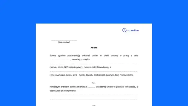 Aneks do umowy o pracę, który stanowi porozumienie zmieniające warunki pracy i płacy. Dokument zawiera dane pracodawcy i pracownika.