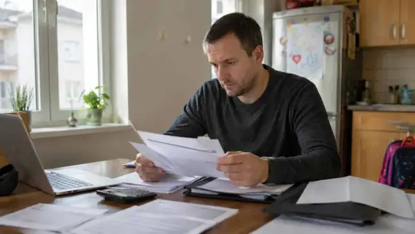 Mężczyzna analizuje dokumenty, przygotowując wniosek o obniżenie alimentów. Na stole laptop, kalkulator i sterta papierów.