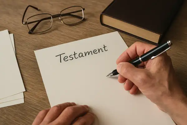 Ręka pisze piórem na dokumencie "Testament". Obok leżą okulary i księga. Czy testament można zmienić? Tak, można.