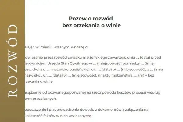 Pozew o rozwód bez orzekania o winie. Dokument zawiera dane dotyczące rozwiązania związku małżeńskiego i kosztów procesu.