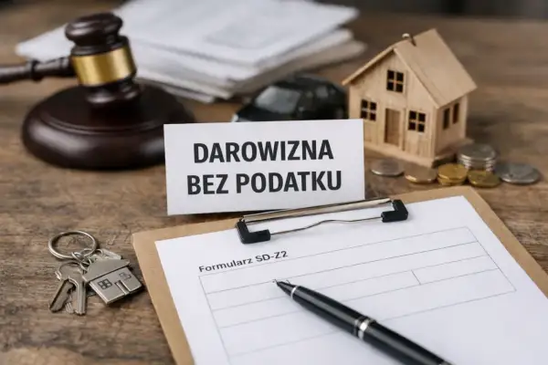 Klucze do domu, mały domek, samochód i młotek sędziowski symbolizują darowiznę w rodzinie bez podatku.