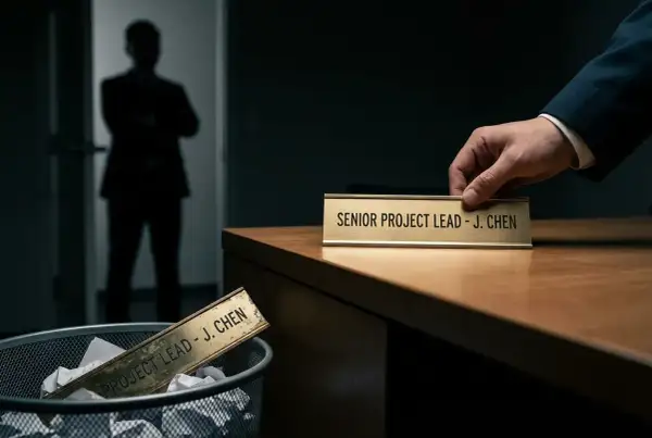 Złota tabliczka "SENIOR PROJECT LEAD - J. CHEN" jest zabierana z biurka, podczas gdy poprzednia leży w koszu na śmieci. To symbol likwidacji stanowiska pracy.