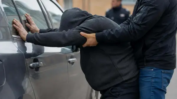 Mężczyzna w kapturze opiera się o samochód, gdy drugi mężczyzna go obezwładnia. W tle widać policjanta. Zastanawiamy się, ile grozi za takie zatrzymanie.