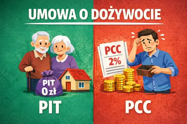 Umowa o dożywocie: starsza para z domem i workiem "PIT 0 zł", kontra młody człowiek z pustym portfelem i stosem monet, symbolizującym podatek PCC 2%.