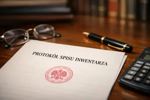 Protokół spisu inwentarza na biurku, obok okularów, długopisu i kalkulatora. Czas na formalności.