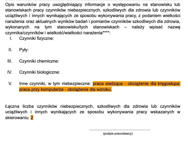 Formularz do badań wstępnych do pracy, zawierający opis czynników szkodliwych: praca siedząca, praca przy komputerze.