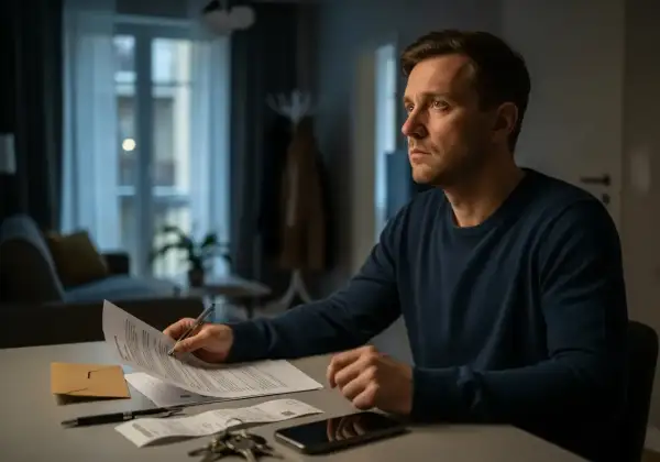 Mężczyzna zamyślony nad dokumentami, które symbolizują niesprawiedliwy podział majątku przez rodziców. Klucze i telefon leżą obok.