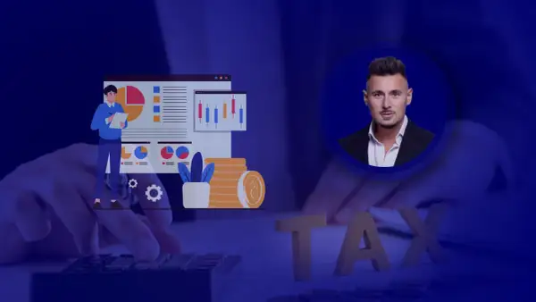 Analiza finansowa i zwolnienie podmiotowe z VAT. Biznesmen z wykresami i monetami.