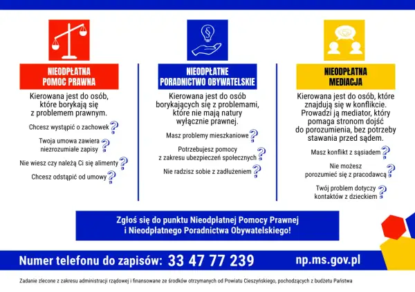 Nieodpłatna pomoc prawna, poradnictwo obywatelskie i mediacje dla osób z problemami prawnymi, mieszkaniowymi, społecznymi lub w konflikcie. Dowiedz się, czym jest wykroczenie i jak uzyskać pomoc.