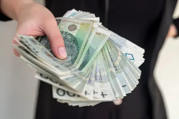 Dłoń trzyma plik banknotów 100 zł. Może to symbolizować zwrot kosztów za czynsz od spadkobierców.