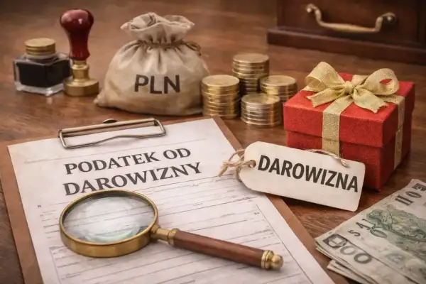 Dokumenty podatkowe, lupa, worek z PLN, monety i czerwone pudełko z kokardą symbolizują darowiznę od rodziców.
